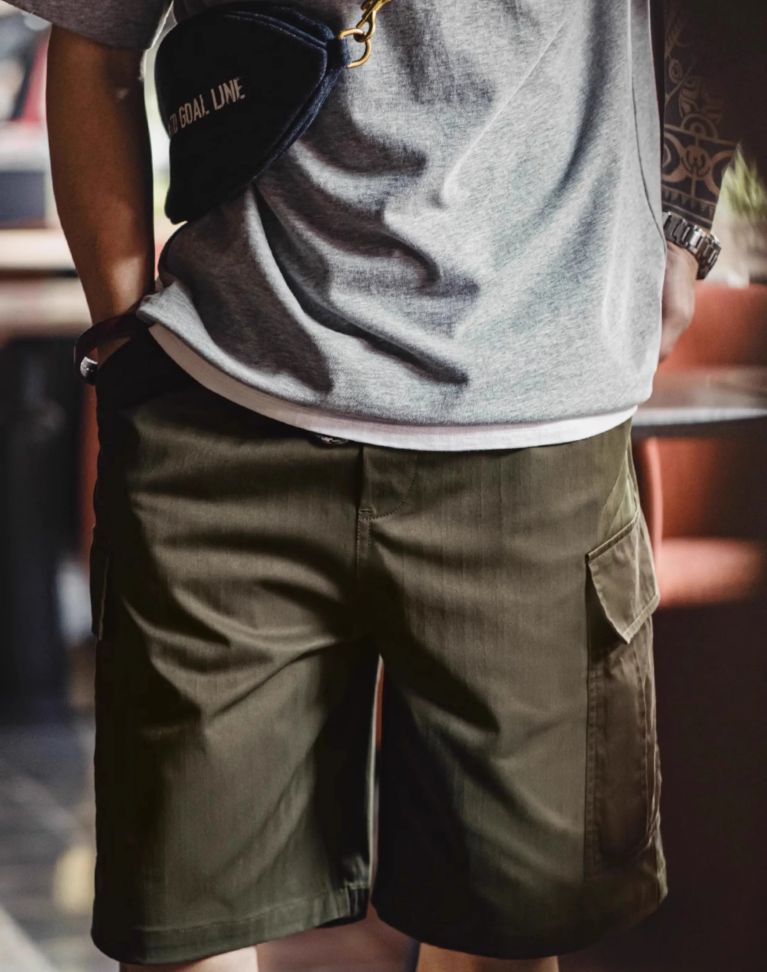 American Retro Spliced Big Pocket Textured Herringbone Men's Shorts