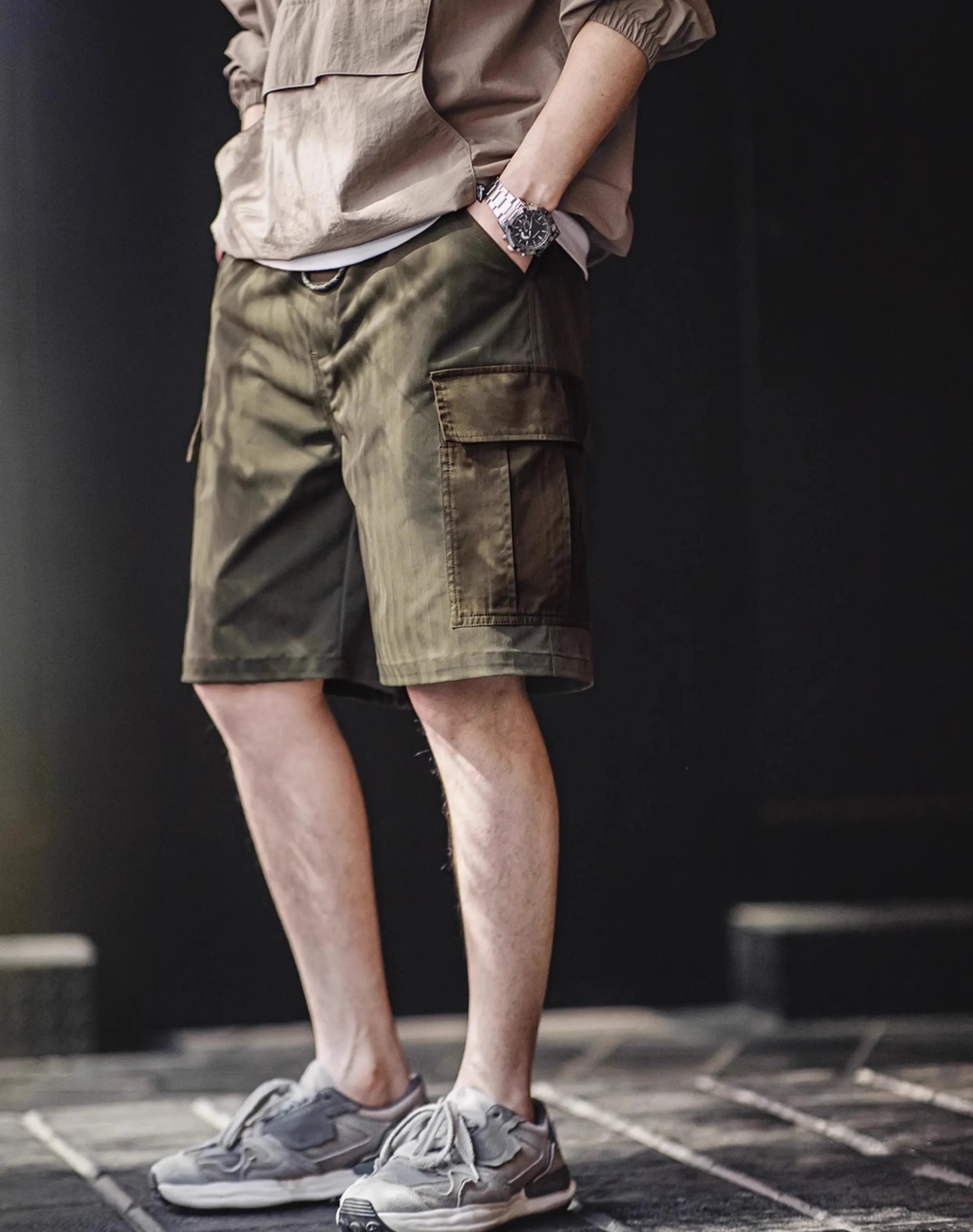American Retro Spliced Big Pocket Textured Herringbone Men's Shorts