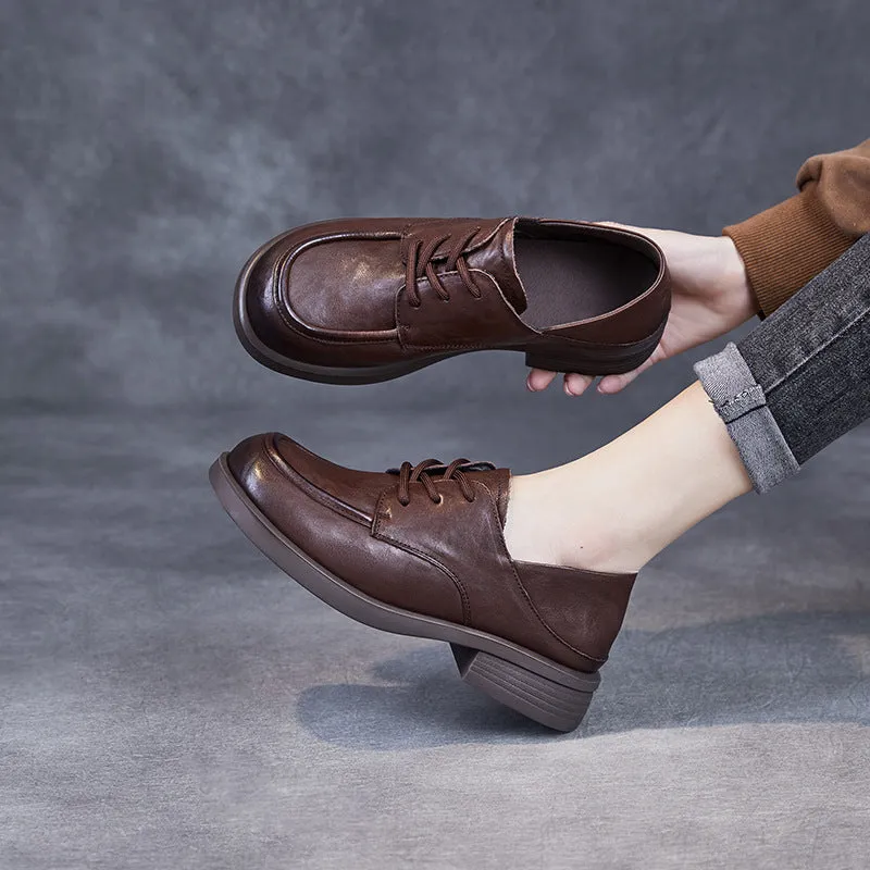 Babakud Women Spring Retro Leather Soft Sole Lace-Up Loafers
