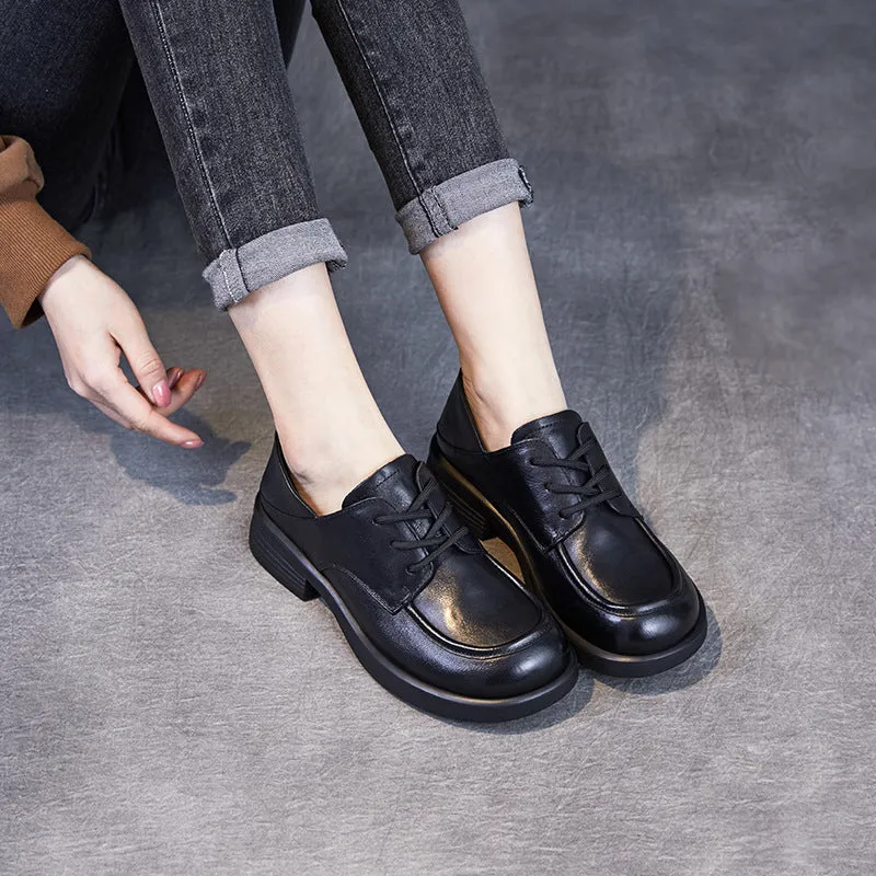Babakud Women Spring Retro Leather Soft Sole Lace-Up Loafers