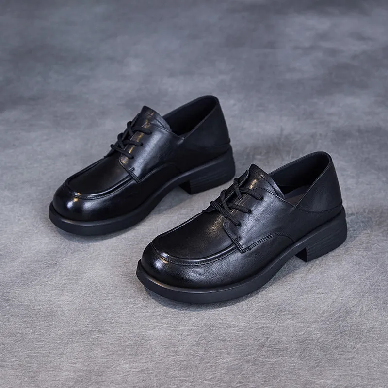 Babakud Women Spring Retro Leather Soft Sole Lace-Up Loafers