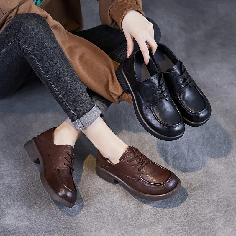 Babakud Women Spring Retro Leather Soft Sole Lace-Up Loafers