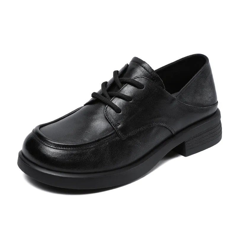 Babakud Women Spring Retro Leather Soft Sole Lace-Up Loafers