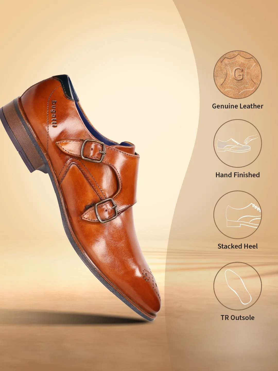 bugatti Cognac Premium Leather Monk Shoes