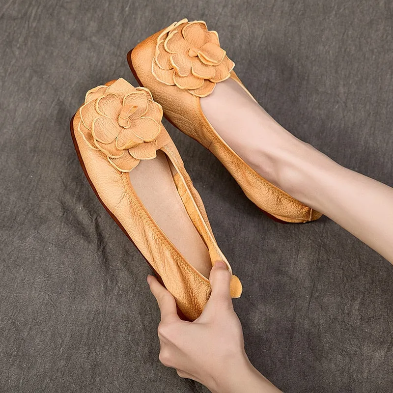 Chicmy Genuine Leather Retro Big Flower Loafers Shoes For Women Slip On Flats Shoes Soft Sole Luxury Casual Low Heels Ladies