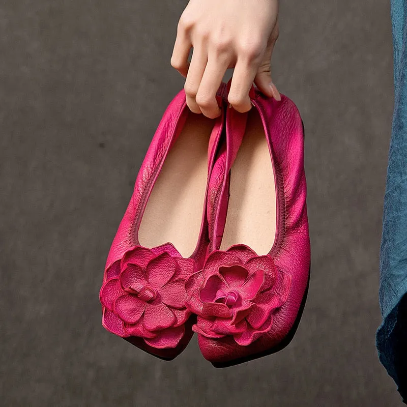 Chicmy Genuine Leather Retro Big Flower Loafers Shoes For Women Slip On Flats Shoes Soft Sole Luxury Casual Low Heels Ladies