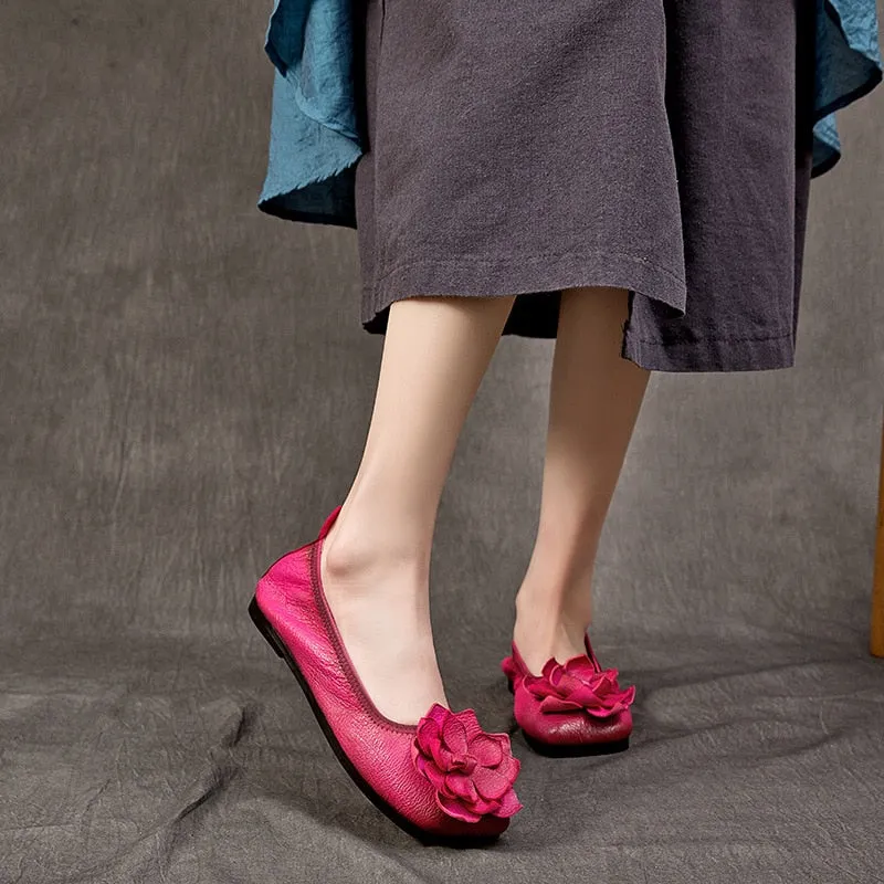 Chicmy Genuine Leather Retro Big Flower Loafers Shoes For Women Slip On Flats Shoes Soft Sole Luxury Casual Low Heels Ladies