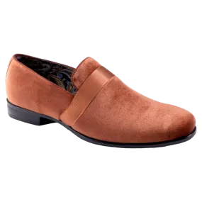 Cognac Velvet Men's Shoe Slip-on with a satin ribbon Loafer