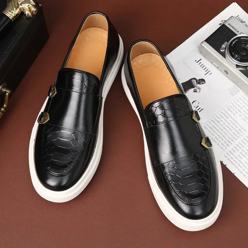 Luxury Retro British Style Men's Slip-on Loafers: Snakeskin Grain Leather Casual Shoes