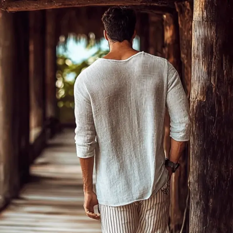 Men's Retro Vacation Cotton and Linen Scissor Collar Long Sleeve Shirt 26180185Y