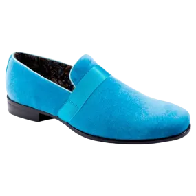Montique Teal Aqua Velvet Men's Shoe Slip-on with a Satin Ribbon Tuxedo Loafers