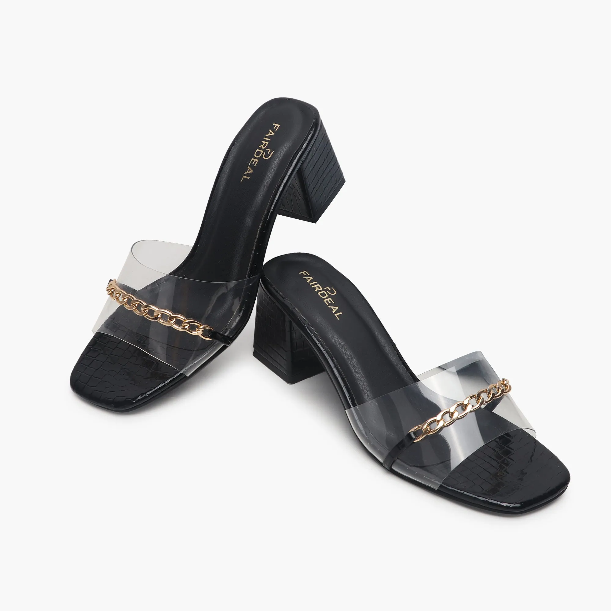 Snake Print Slip Ons Accented with Chain Buckle