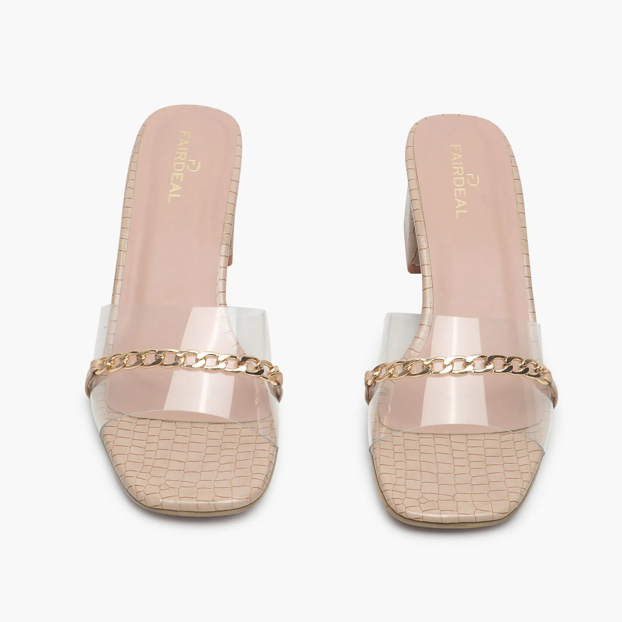 Snake Print Slip Ons Accented with Chain Buckle