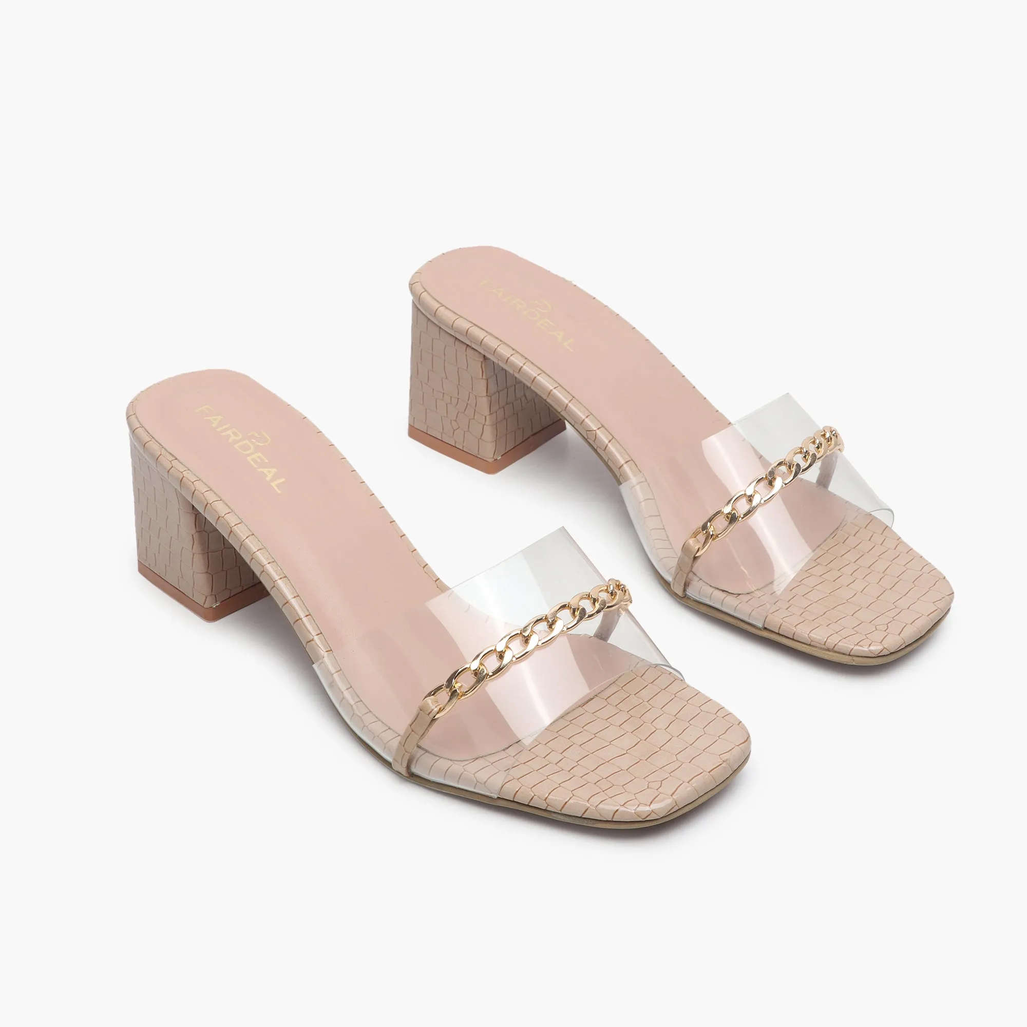 Snake Print Slip Ons Accented with Chain Buckle
