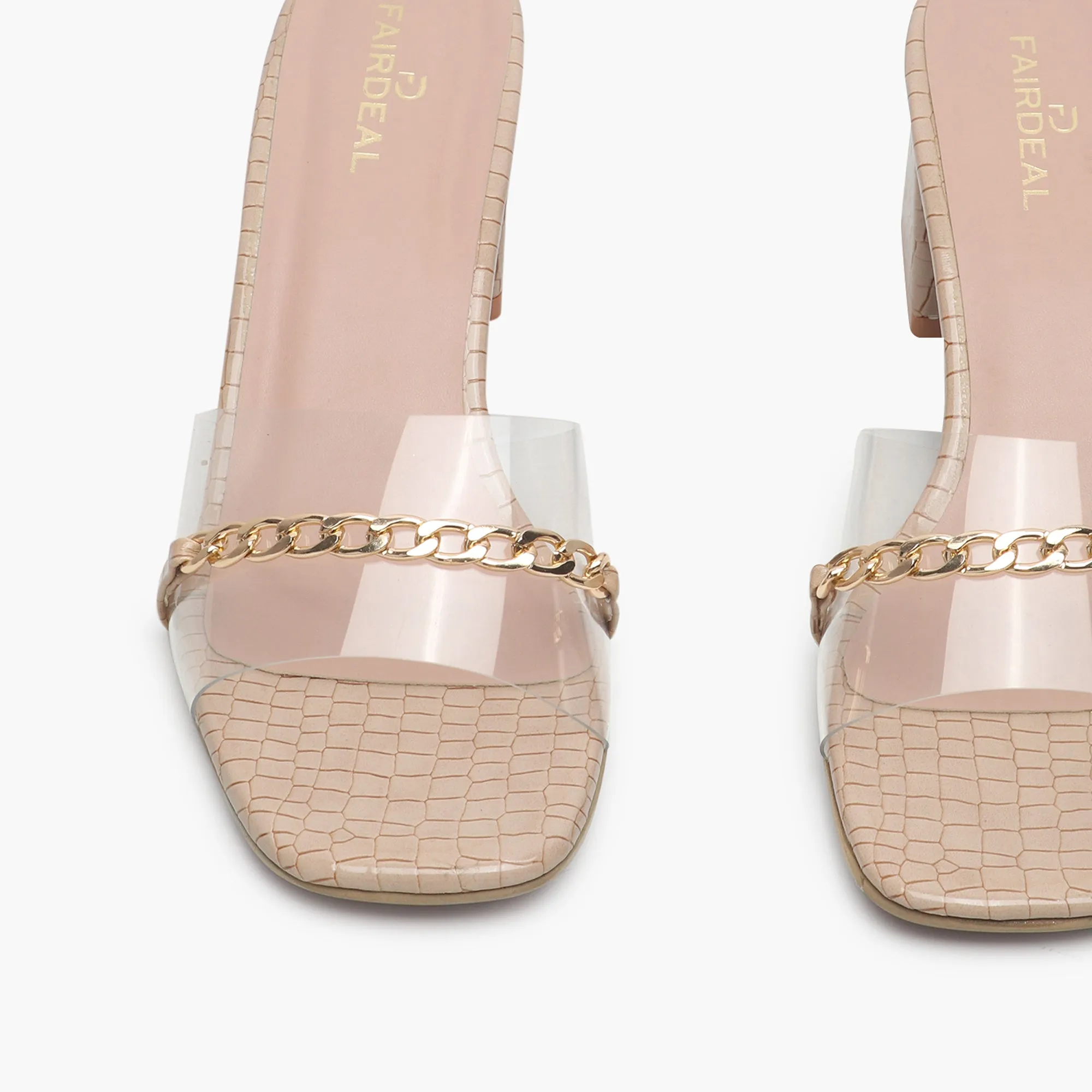 Snake Print Slip Ons Accented with Chain Buckle