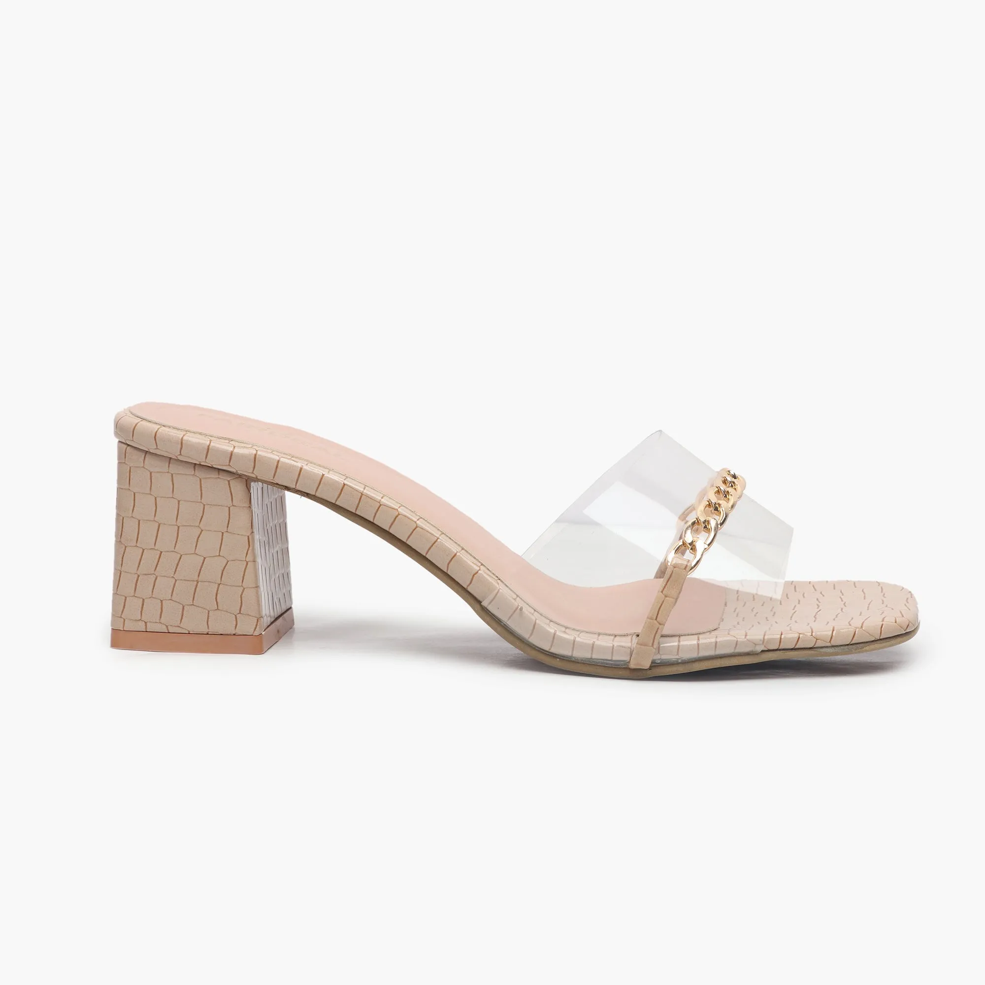 Snake Print Slip Ons Accented with Chain Buckle