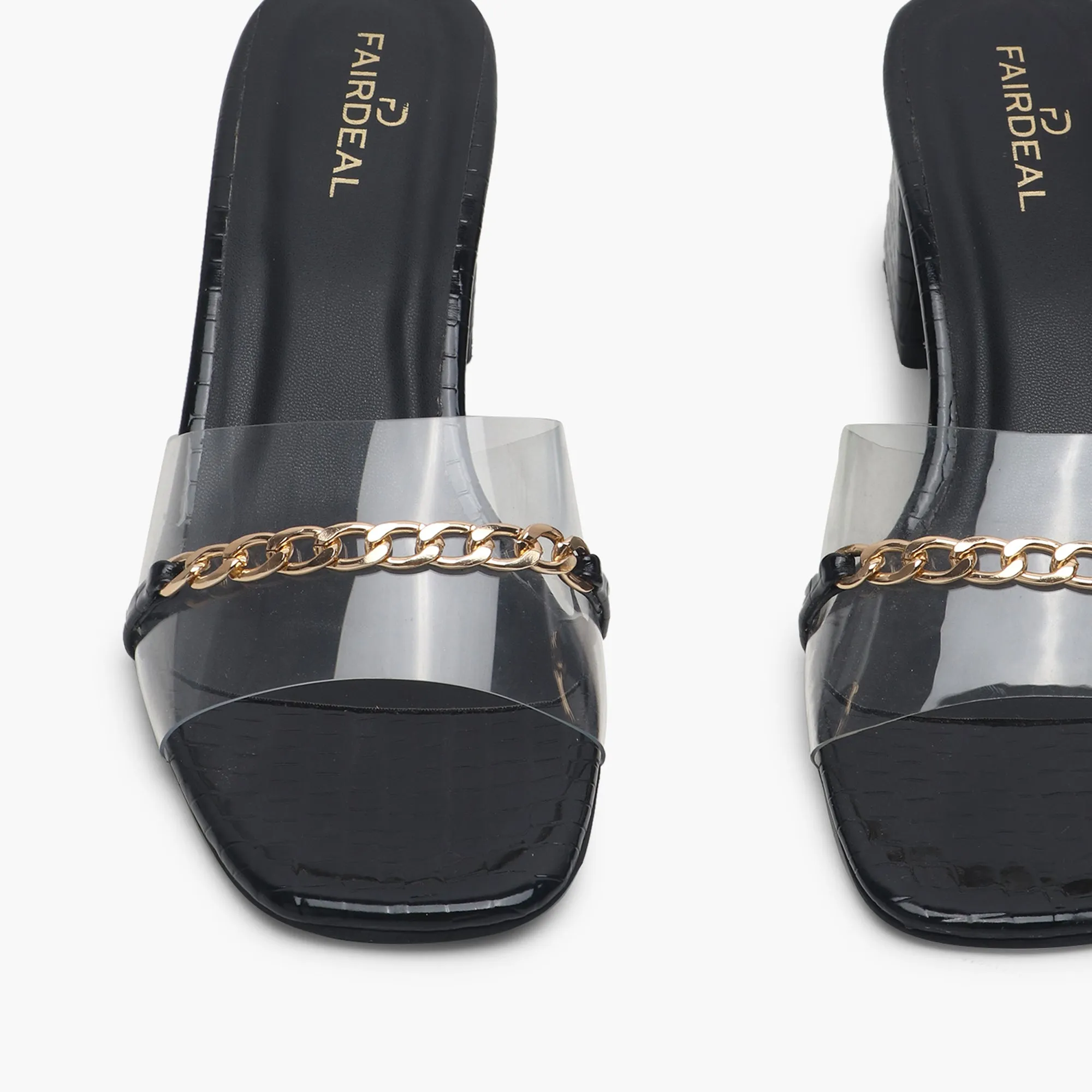 Snake Print Slip Ons Accented with Chain Buckle