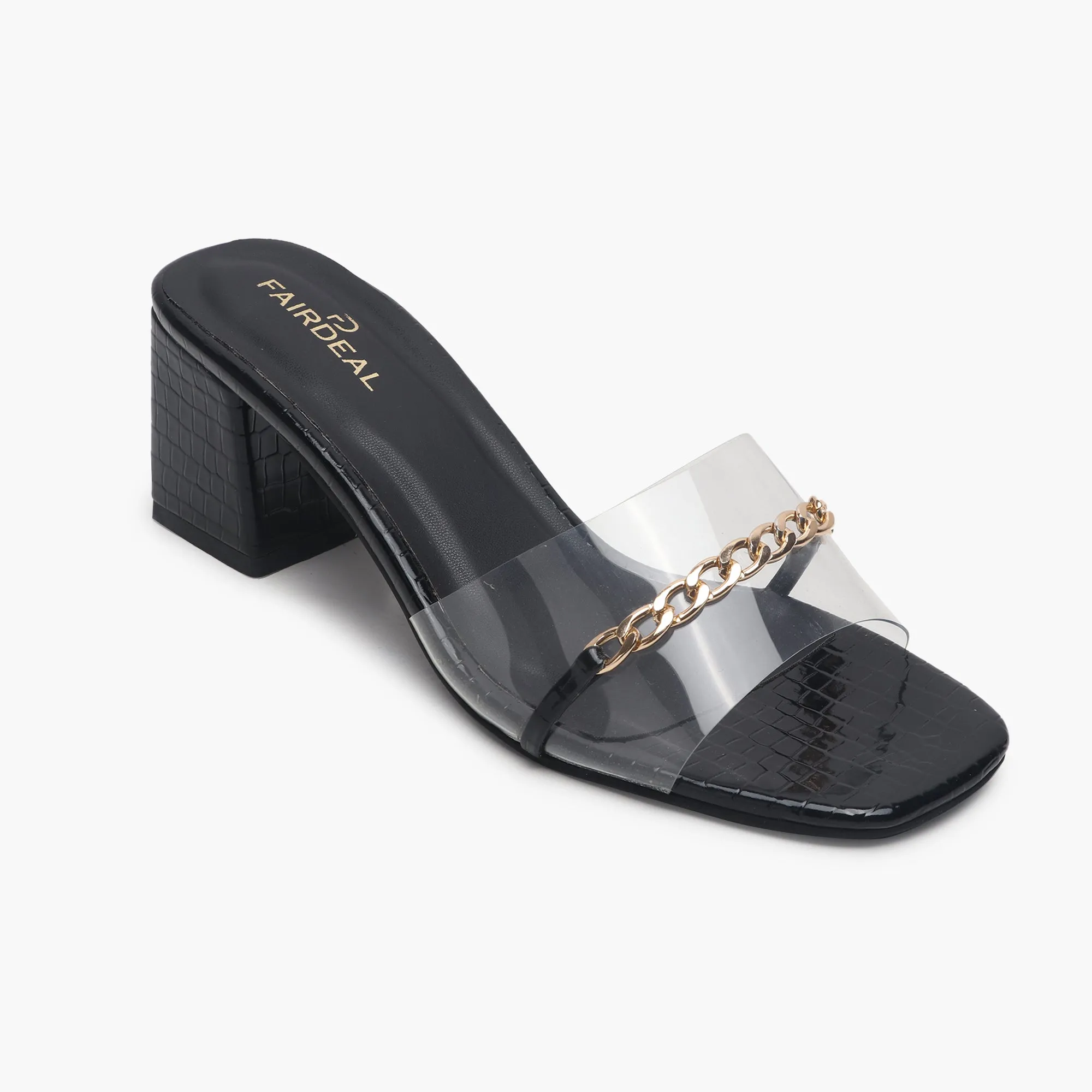 Snake Print Slip Ons Accented with Chain Buckle