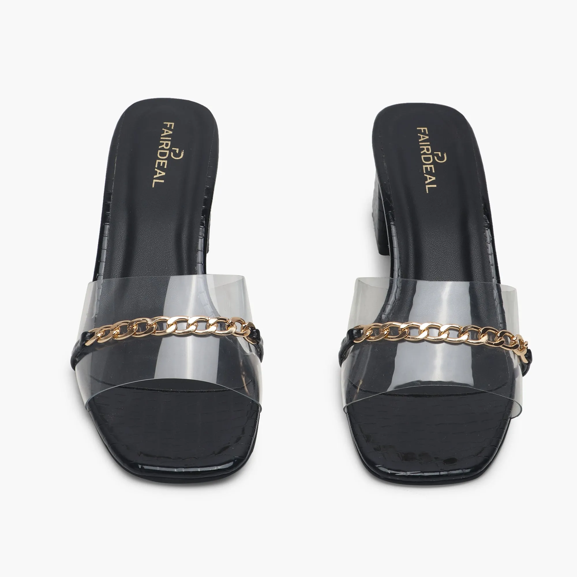 Snake Print Slip Ons Accented with Chain Buckle