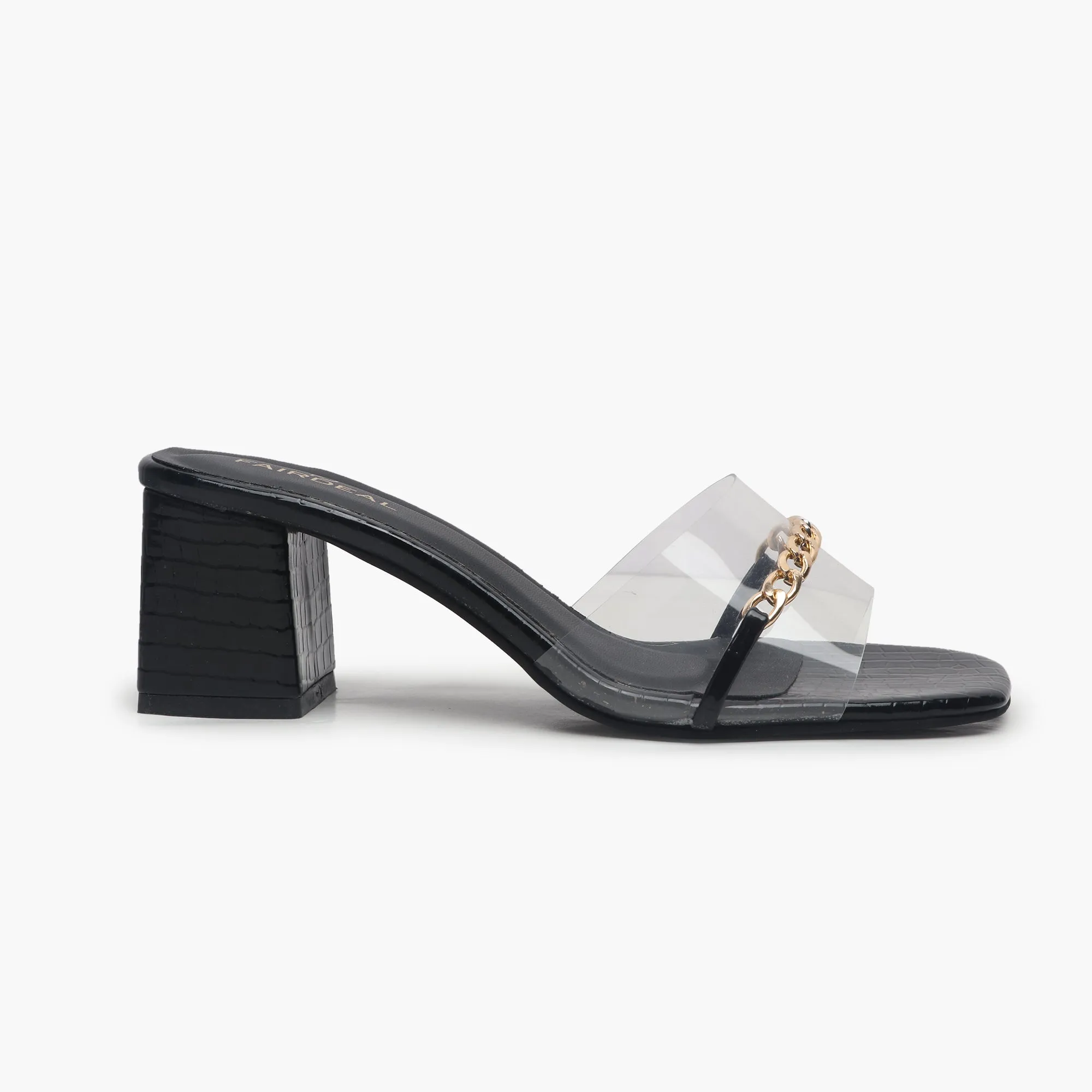 Snake Print Slip Ons Accented with Chain Buckle